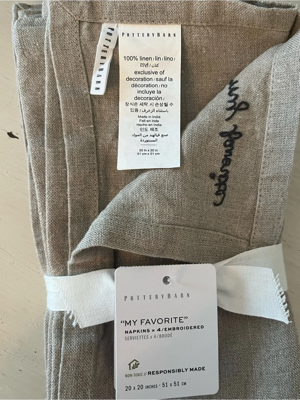 Pottery Barn My Favorite Embroidered Linen Napkins - Set of 4 - NWT